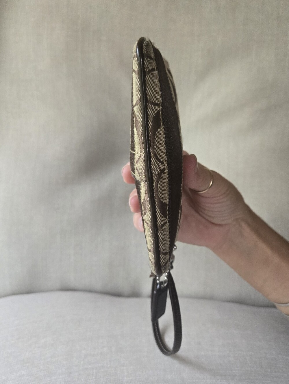 Coach Signature Jacquard Canvas Wristlet Brown Tan Mini Clutch - Picture 6 of 10